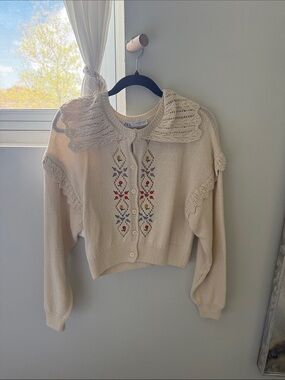 Zara Cream Embroidered Crochet Collar Cardigan Sweater